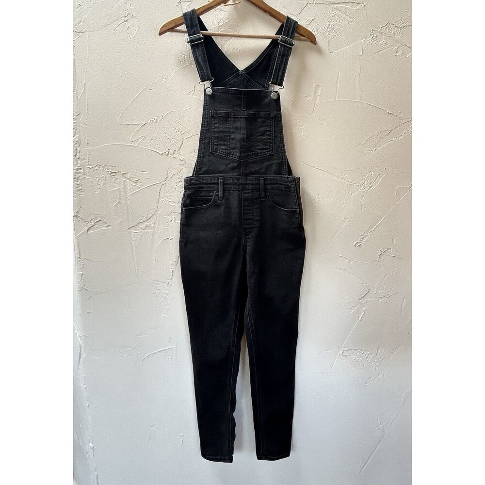 Levis Premium Denim Skinny Ankle Overalls Womens Size 27 Black Charcoal Side Zip